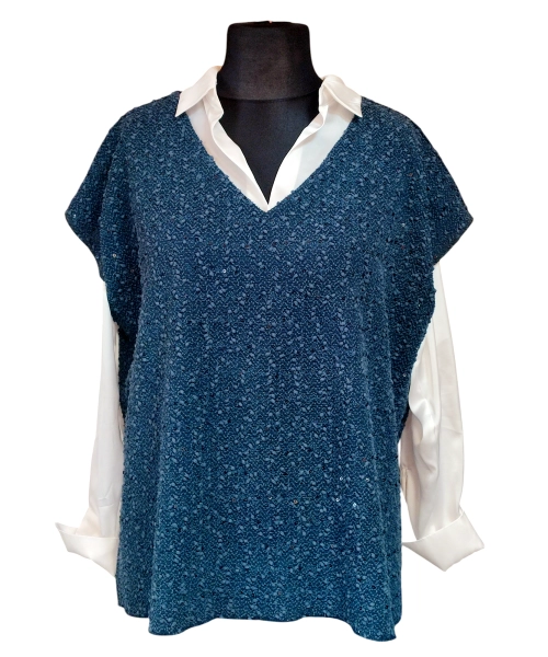 Kamizelka swetrowa damska z cekinami i pęczkami - ciemny turkus